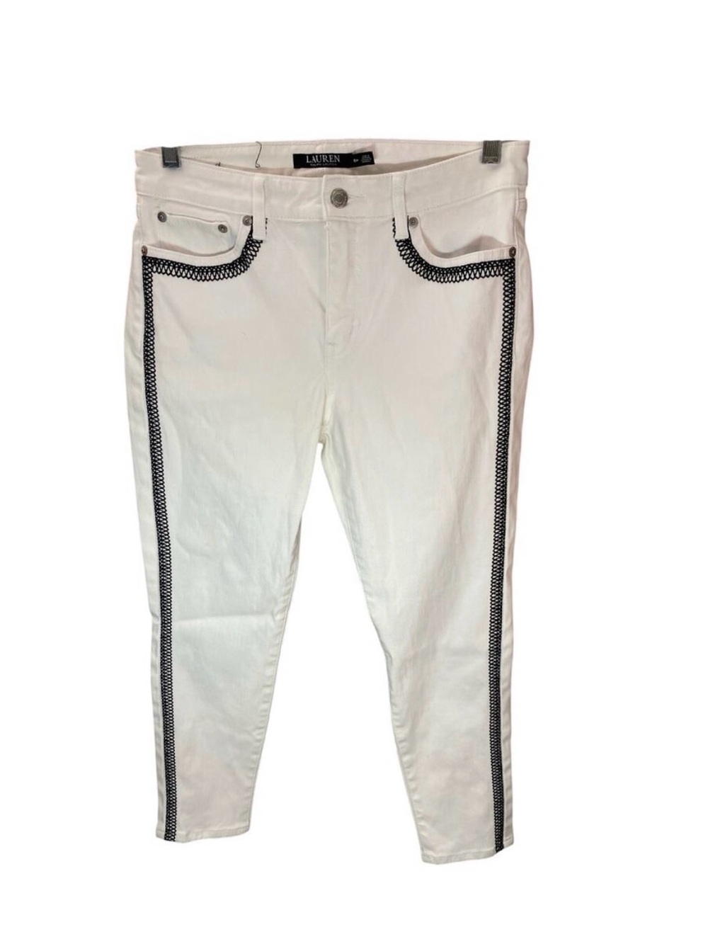 Lauren Ralph Lauren White Premier Skinny Cropped Jeans with Black Trim Detailing